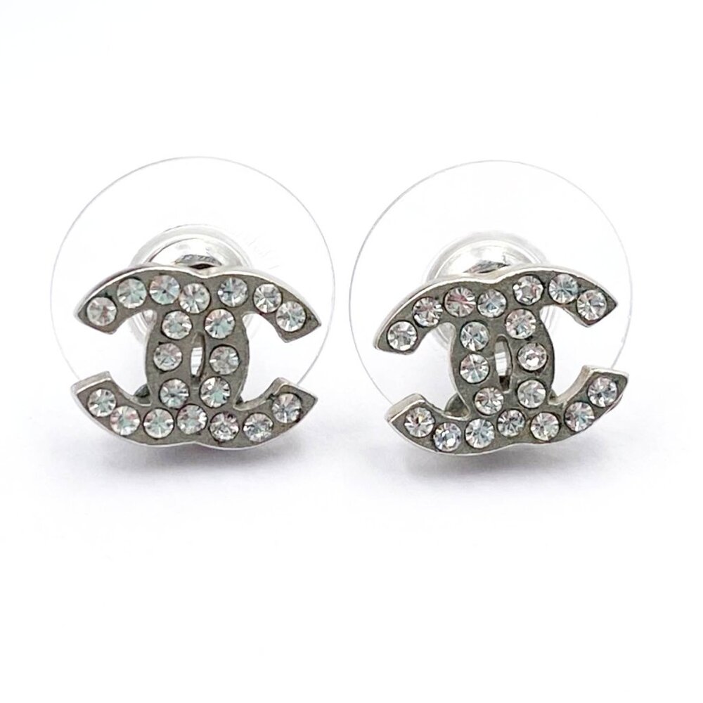Chanel Classic Silver CC Crystal Small Piercing Earrings